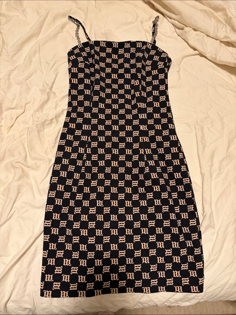 MISBHV Black Mini Slip Dress with Cream Monogram and Chain Straps XS
